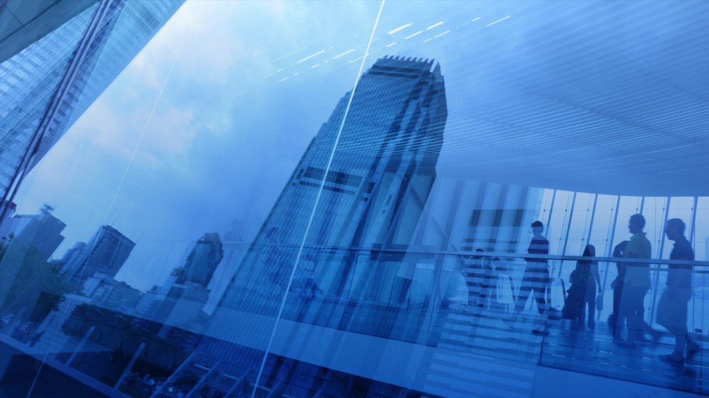 Image of city buildings and people showcasing corporate security
