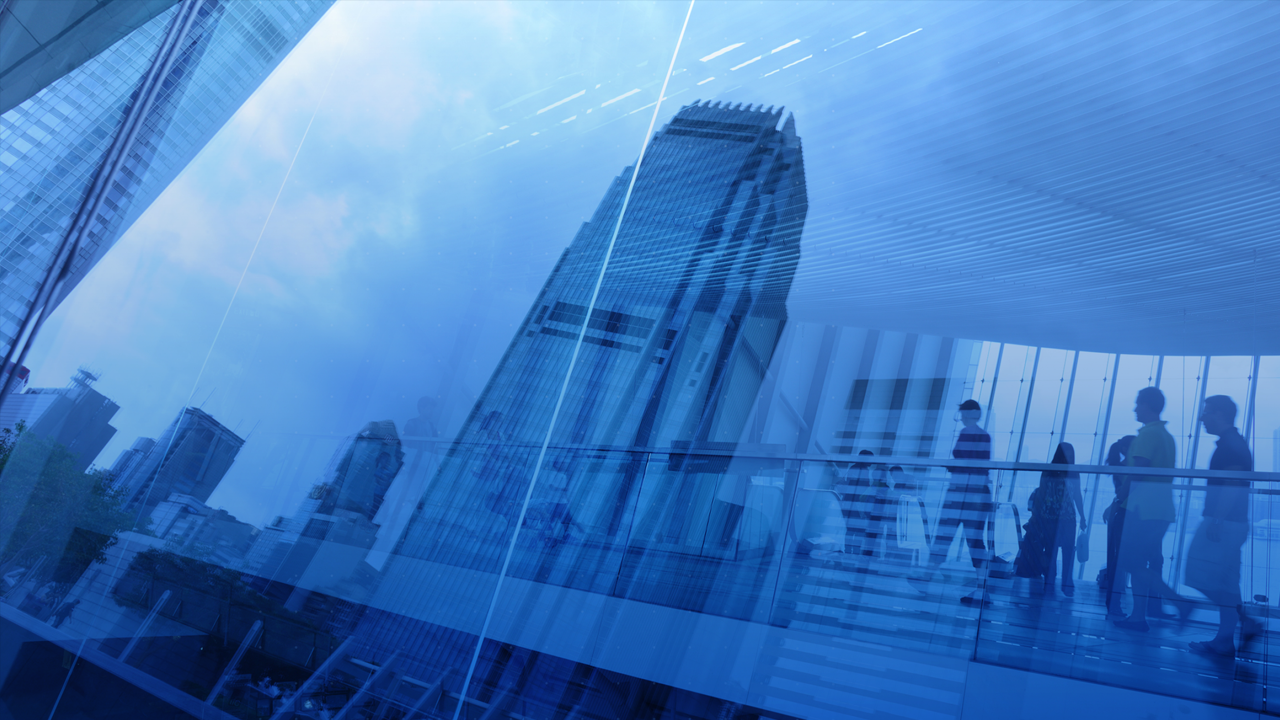 Image of city buildings and people showcasing corporate security