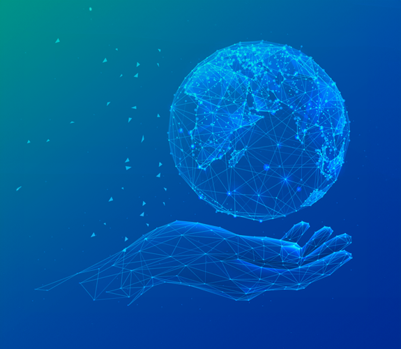 digitally designed globe floating above a palm